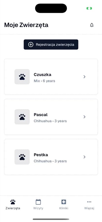 BetterPet app screen showing the owner's list of pets