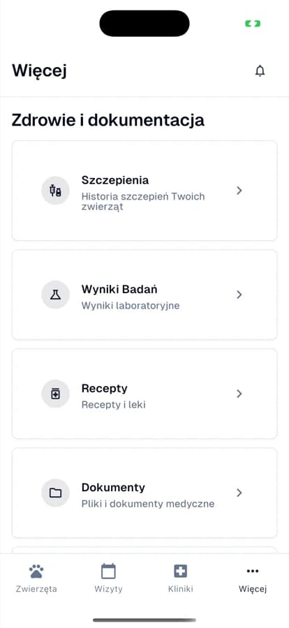 Health and medical documentation menu in the BetterPet app